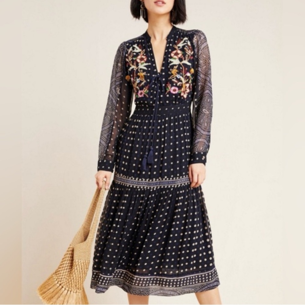 Anthropologie Maeve Blue and White Patterned Dress